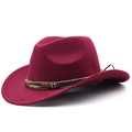 Detail of burgundy wool western fedora with vintage metal feather and beaded hatband - Burgundy