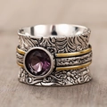 Vintage wide band ring with purple gemstone and gold accents in bohemian silver style - US 6 / Antique Silver & Gold