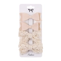 Set of 4 beige baby bow hair clips in faux leather and lace on a white card - DP037-5 (4pcs Set: Beige Leather/Beige Lace)