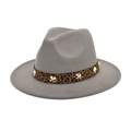 Detail of leopard print band with gold star studs on a grey wool fedora hat - M (56-58cm) / Light Gray