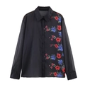 Women's loose black chiffon shirt with vibrant red and blue floral print on white background - S / Black