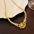 Vintage gold snake chain necklace with oval yellow gemstone and sparkling rhinestones - 70# Necklace - Gold - Yellow