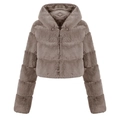 Detailed close-up of brown faux fur texture and zipper on hooded short coat jacket - 6XL / Khaki