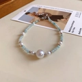 Elegant beaded bracelet with large white pearl and light blue natural stone beads - 46# Blue Faceted Pearl Style
