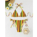 Flat lay of colorful striped smocked bikini with tie-side bottoms and summer accessories - S / Rainbow Striped