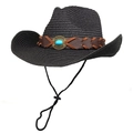 Black straw cowboy hat with turquoise stone leather band and adjustable windproof strap - M (56-58cm) / Black