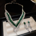 Detail of silver rhinestone necklace and green gemstone earrings in a black gift box - Green V-shape Necklace 2pcs Set (11#)