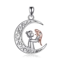 Colgante luna de plata S925 con niña y gato en oro rosa, diseño bicolor con acabado pulido - Solo colgante / Plata 925