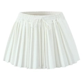 Detail view of a white pleated mini skirt featuring a drawstring elastic waistband - S / Skirts / White