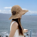 Handwoven khaki straw sun hat with decorative crochet flowers and wide wavy brim - One Size / Two-Tone Two Flowers - Khaki