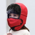 Colbacco invernale rosso con fodera in ecopelliccia grigia e maschera protettiva coordinata - Taglia unica / Rosso
