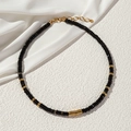Collana vintage francese con perle di agata nera e accenti dorati su seta bianca - Stile Agata Nera (Agata Nera + Acciaio al Titanio XL-178)