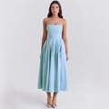 Elegant sky blue strapless midi dress with slim-fit bodice and pleated A-line skirt - S / Blue