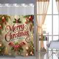 Doppellagiger Weihnachts-Duschvorhang mit roten und goldenen festlichen Mustern - Doppelschichtige hakenlose Waffel / Rotgold-Weihnachtsthema