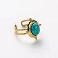 Detail of vintage gold ring with oval turquoise stone and dual-row open band design - R01036-Gold Hollow Band Turquoise-Four Bead Decor