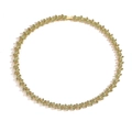 Detailed view of leaf-shaped gold necklace set with green crystals on white background - Gold Green Zirconia Necklace