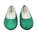 Close-up of green sequin doll flat shoes for 18-inch dolls on a white background - Green