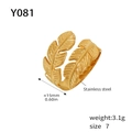 Detailed view of golden feather ring with dimensions and stainless steel material specs - US 7 / Feather Style (Y081-Gold)