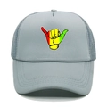 Detail of grey trucker cap featuring a colorful shaka hand sign and breathable mesh back - M (56-58cm) / Light Gray