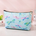 Light blue floral toiletry bag with colorful dragonfly prints and golden zipper - M / Colorful Dragonflies
