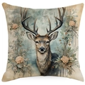 Christmas cushion cover featuring a vintage stag and pink roses on textured linen fabric - YMD511-21 (Vintage Buck & Flowers)