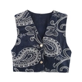 Gilet en denim bleu foncé avec broderie paisley blanche et boutons dorés sur fond blanc - XS / Gilet Brodé