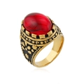 Vintage stainless steel ring with a large oval red gemstone and gold textured band - 9 / Red Turquoise