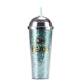 Close-up of 24oz glitter double-wall cup with OH YEAH! text and teal sequins - Style P/Teal Glitter Oh Yeah