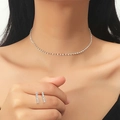 Elegant silver-colored water drop jewelry set with sparkling rhinestones on model - Thin Chain Necklace Bar Earring Set (DTN08956001S)