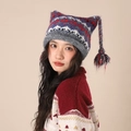 Striped knit cat ear beanie featuring colorful geometric patterns and tassels - 108-Geometric Purplish Red
