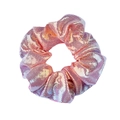 Detail of pink holographic hair scrunchie with mesh texture and iridescent shimmer effect - Metallic Mesh / Holographic Pink