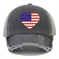 Distressed dark gray trucker hat featuring heart-shaped US flag and mesh back - One Size / Gray