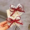 Set of two red silk ribbons and white lace bow hair clips for girls on display card - Wine Red Lace Bow Pair