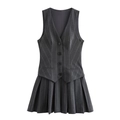 Robe sans manches à fines rayures gris foncé avec col en V et ourlet plissé élégant - XS / Rayé