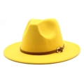 Detail of bright yellow felt fedora hat with brown leather band and golden buckle - M (56-58cm) / Yellow