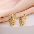 Detailed close-up of gold plated hoop earrings with vertical cubic zirconia inlay setting - Gold Five Round Stones