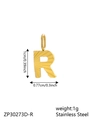 Golden stainless steel letter R pendant with textured finish and measurement details - Letter-R / Gold