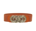 Women's wide elastic waist belt in caramel brown with double ring braided metal buckle - Camel