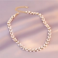 Elegant gold pearl choker necklace with sparkling crystals on soft purple fabric - 4# Rhinestone Faux Pearl Necklace (Woven Pattern)
