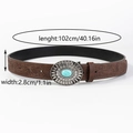 Detailed view of vintage embossed leather belt with turquoise buckle 102cm x 2.8cm - 4#-Brown Belt Turquoise Buckle