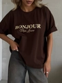 Dunkelbraunes T-Shirt aus 100% Baumwolle mit BONJOUR-Buchstabenprint im Streetstyle - S / Dunkelbraun