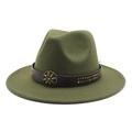 Close-up of army green wool fedora with leather band and vintage metal ornament - Army Green