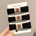 Three-pack black elastic hair ties featuring cute brown bear patches on a display card - 3 Pieces Set / Black (Approx 6cm)