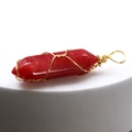 Red hexagonal crystal column pendant with gold wire wrap and polished metallic finish - Red Jasper