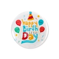 Weißer Blechanstecker Happy Birthday mit bunten Ballongrafiken auf weißem Hintergrund - Bunte Luftballons Partyhut-Stil / Weiß