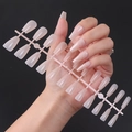 Glossy nude pink ballerina press-on nails with UV coating in coffin shape on rack - Nude Pink (ZBLL-07)