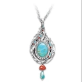 Bohemian silver feather necklace pendant with turquoise stone and red crystal accents - Large Peacock Feather Pendant