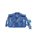 Blue biker jacket style crossbody bag with silver studs and touring print - Blue