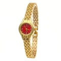 Detailed close-up of a gold metal watch strap and a vibrant red dial with quartz movement - Gold Red