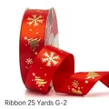 25 Yards Red Satin Christmas Ribbon with Gold Snowflake and Reindeer G-2 Print - 2.5cmx25 Yards / Red Snowman Style (G-2)